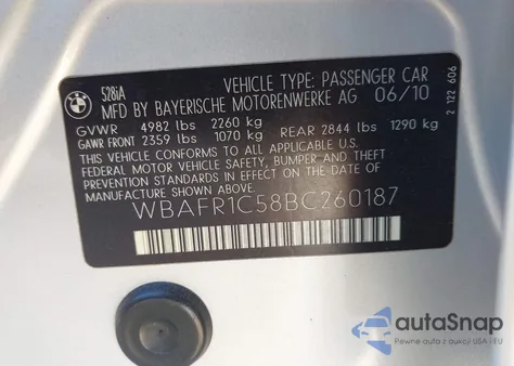 2011 BMW 528I из США, поврежденный, VIN WBAFR1C58BC260187